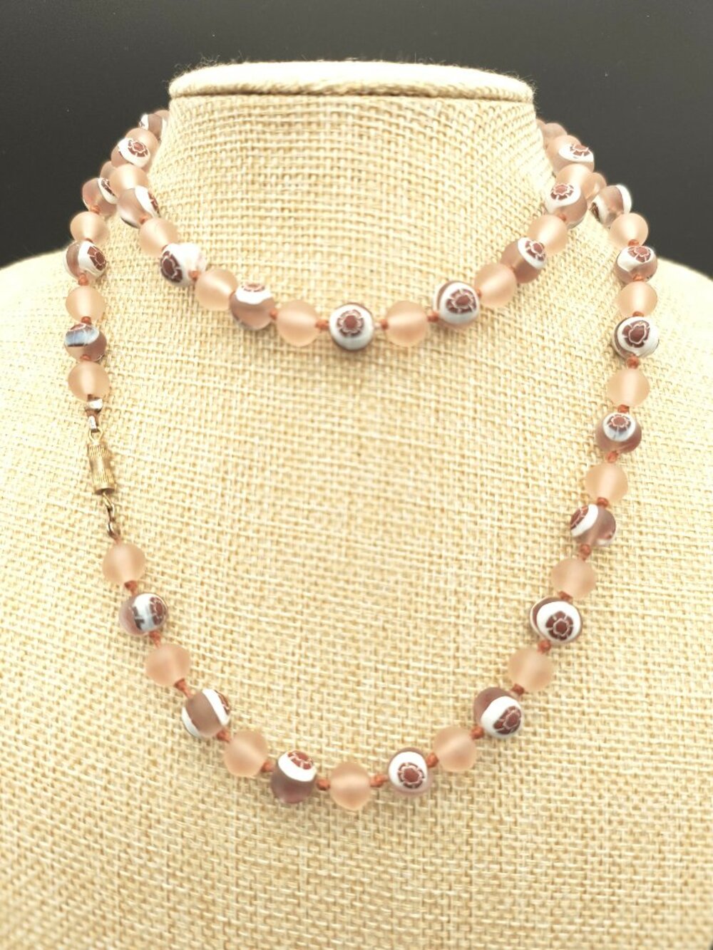 Vintage Artisan Frosted Hand-Painted Glass Bead Necklace